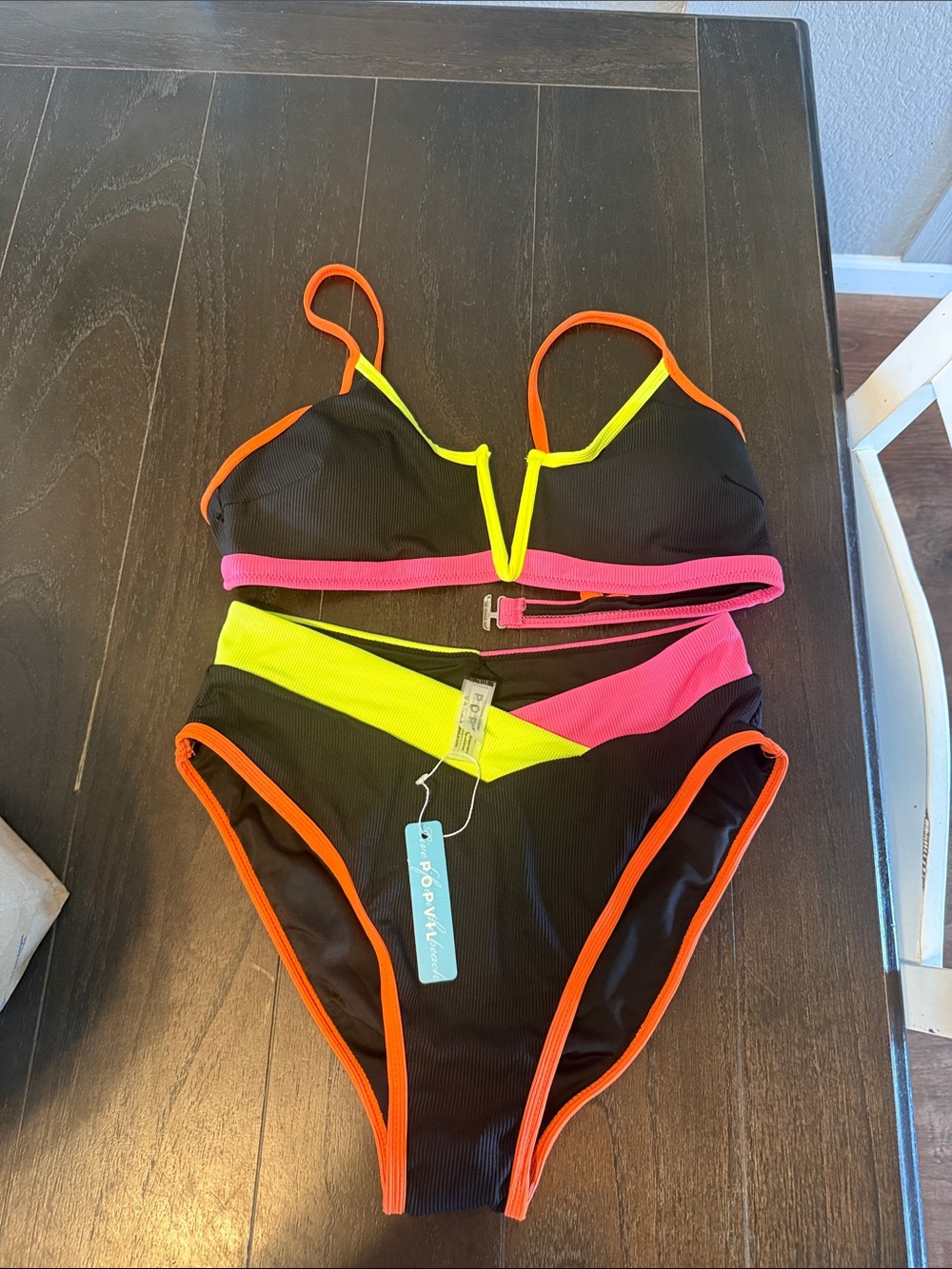 POPVILLAN Black High-Waist Bikini with Neon Yellow & Hot Pink Accents